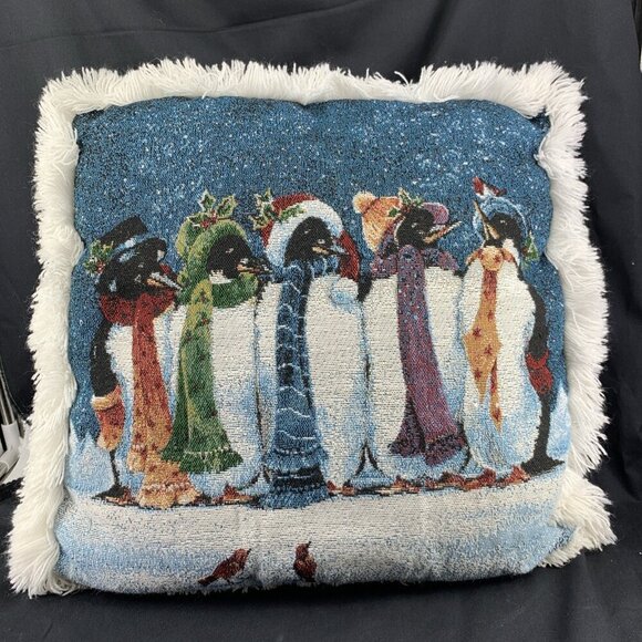Caroling Penguins Pillow Lynne Jones Christmas Tapestry Throw Pillow 16” - Picture 1 of 6
